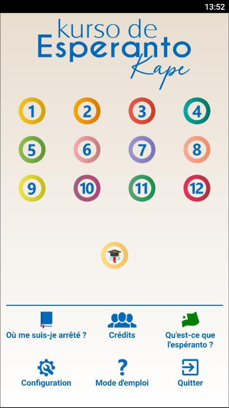 Menu principal du programme <i>Kurso de Esperanto</i>